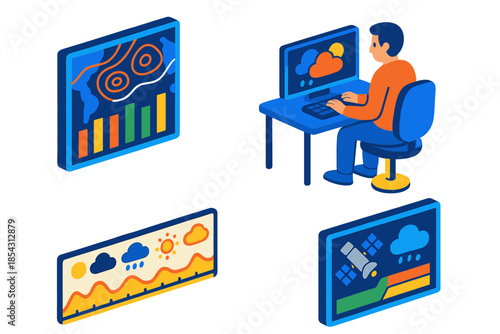 Weather Forecast Tools. Isometric vector illustration set Weather Forecasting Tools: Forecast model chart, meteorologist