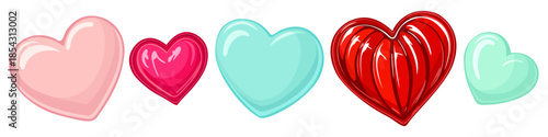 Heart-shaped glossy candies for Valentine's Day. Vector collection of isolated elements
