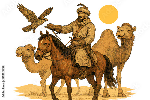 Falconer in Desert. Nomadic falconer on horseback with falcon soaring, camels smiling, and desert sun glowing above No text, No