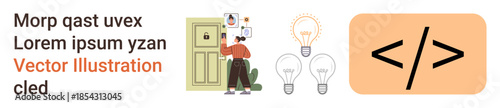 Home security, innovative technology, programming, creativity, software development, coding. Woman at a door with intercom, light bulb icons and HTML brackets. Home security and technology