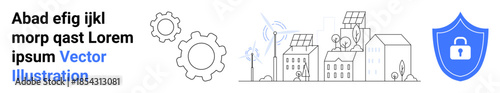 Renewable energy, cybersecurity, eco-technology, future infrastructure, energy security, sustainability. Line art of gears, buildings solar panels and security shield. Renewable energy