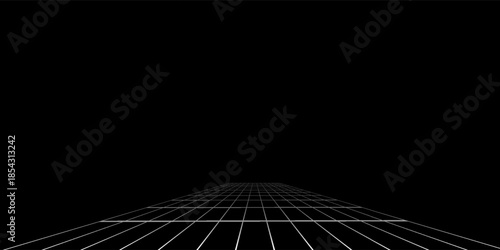 Futuristic perspective grid box. Abstract wireframe with white grid line on black background. Virtual reality landscape in 80s 90s digital style. Vector