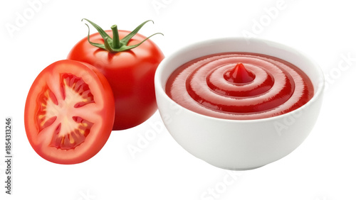 Fotografía Fresh red tomatoes and ketchup in a bowl isolated PNG, delicious condiment and v