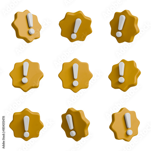 Warning sign set with yellow starburst shape and exclamation mark, 3D illustration of alert icons from different angles, attention symbol collection.
