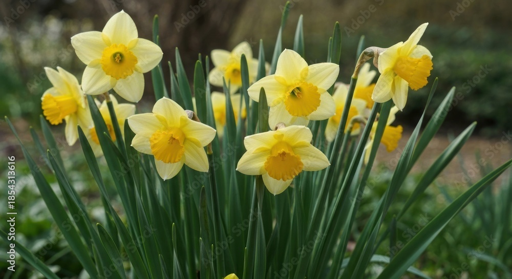 Obraz premium Cluster of daffodils, pale yellow with gold centers, surrounded by vibrant green foliage