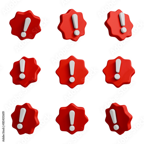 Warning sign set with red starburst shape and exclamation mark, 3D illustration of alert icons from different angles, attention symbol collection.
