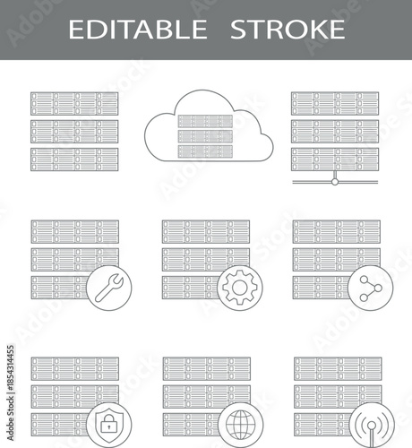 Server Icons Set Line Style. Editable Gray Stroke Vector Icons: Server, Hosting, Security, Storage, Maintenance, Network and More.