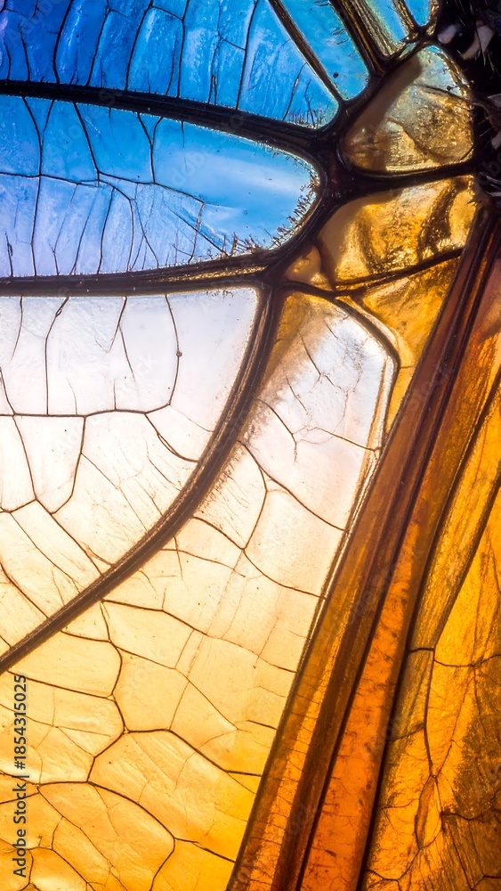 custom made wallpaper toronto digitalClose-up abstract view of a vibrant stained glass panel with intricate cellular patterns and a gradient of blue, yellow, and orange hues.