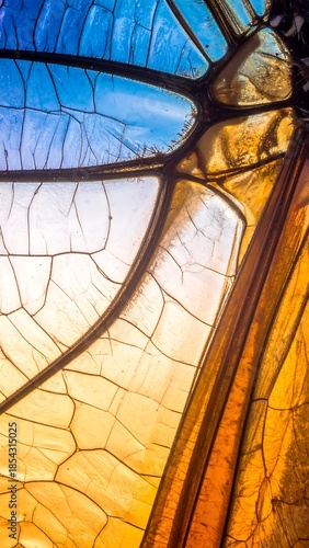 Wallpaper Mural Close-up abstract view of a vibrant stained glass panel with intricate cellular patterns and a gradient of blue, yellow, and orange hues. Torontodigital.ca