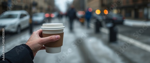 Wallpaper Mural Coffee Cup on a Grey Day. Blurred Vehicles and Pedestrians in Background. Torontodigital.ca