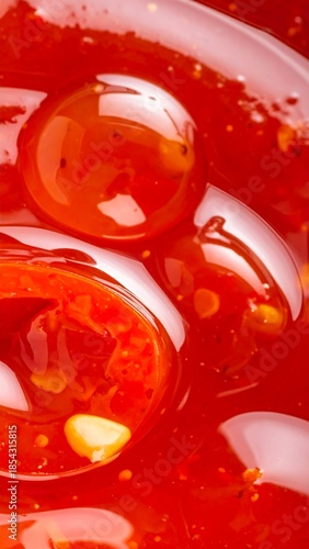 Wallpaper Mural Close-up of vibrant red chili sauce with visible pepper pieces, showcasing its glossy texture and spicy appeal. Torontodigital.ca