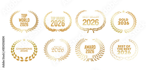 A best seller 2026 badge, isolated on white background. Laurel wreath, crown, and stars create a symbol of quality and success. Vector graphic for any design. best seller badge logo isolated . vector 