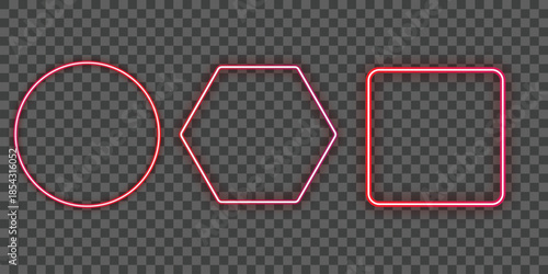 Three vibrant pink neon glowing frames in distinct geometric shapes set against a dark transparent background