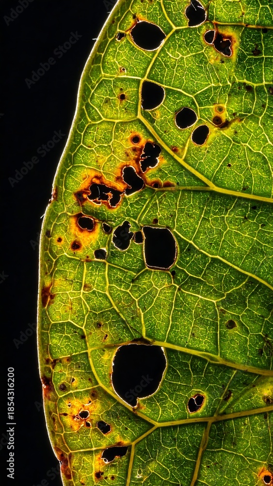 custom made wallpaper toronto digitalA close-up view of a damaged green leaf with holes and discoloration, highlighting its intricate vein structure against a dark background.