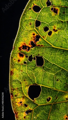 Wallpaper Mural A close-up view of a damaged green leaf with holes and discoloration, highlighting its intricate vein structure against a dark background. Torontodigital.ca