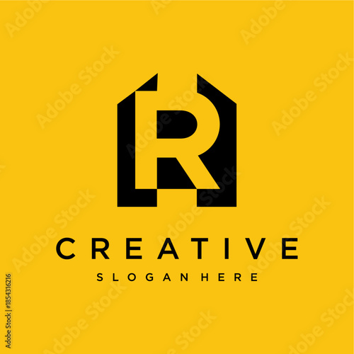 Contemporary letter R and house graphic logo on a bold yellow canvas, symbolizing property, innovation, and creative solutions for modern businesses