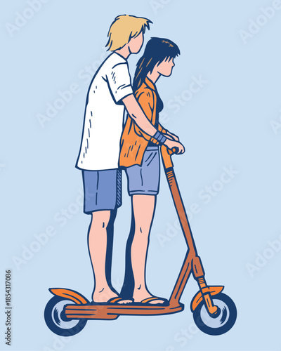 Hand-drawn illustration of a couple on an electric scooter.