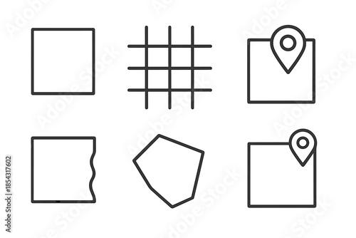 Digital Land Plot Icons. Line vector icons of digital land plot: square boundary, grid plane, coordinate point, parcel outline,