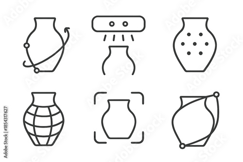 3D Artifact Capture Icons. Line vector icons of digital 3D artifact capture: item curve, scanning bar, depth dots, mesh overlay,