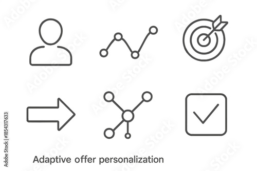 Adaptive Offer Icons. Line vector icons of adaptive offer personalization: profile outline, activity curve, targeted badge,