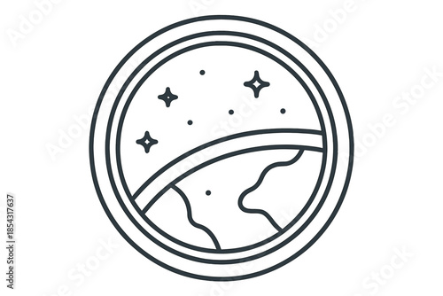 Space Habitat View. Line vector icons of space habitat Earth vista: rounded viewport, planet arc, sparse stars, window ring, orbit