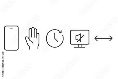 Screen Break Icons. Line vector icons of screen-break scheduling app: slim phone, hold symbol, hour ring, muted screen box,
