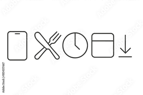 Fasting App Icons. Line vector icons of reduced-usage fasting app: phone curve, break symbol, countdown ring, empty panel,