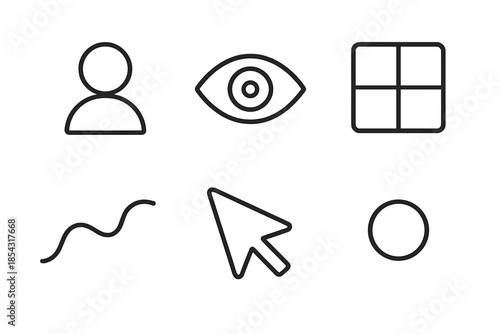 Conscious Interaction Icons. Line vector icons of conscious screen interaction: user icon, focused eye, item tile, gentle flow,