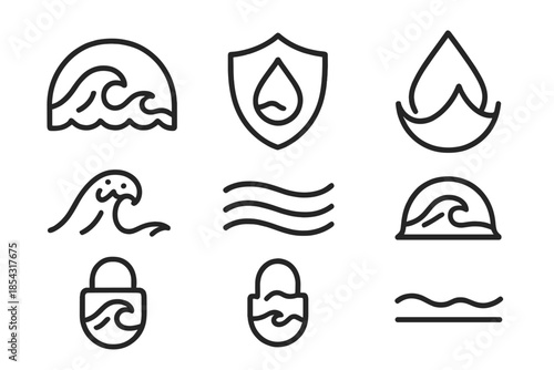 Watery Peak Protection Icons. Line style icons of watery peak protection: water dome, shielded crest, drop guard, foam curve,