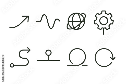 Shift Indicator Icons. Line style icons of fundamental shift indicators: phase arrow, dynamic wave, rotating sphere, pivot gear,
