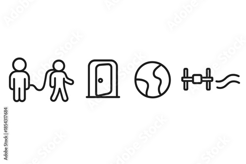 Outer-Space Walk Icons. Line vector icons of recreational outer-space walk: visitor silhouette, guided tether, module exit, globe