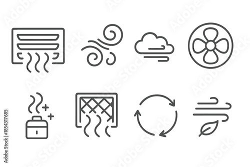 Air Flow Icons. Line style icons of air current rejuvenation: air vent, swirling arrows, cloud motion, fan rotation, cool mist,