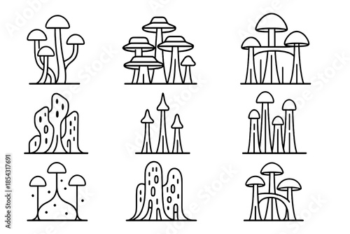 Fungal Skyscraper Icons. Line style icons of fungal skyscraper networks: interconnected stems, layered growth, cap bridges,