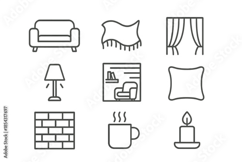 Cozy Retreat Icons. Line style icons of comfortable retreat zones: sofa outline, blanket wave, curtain fold, dim lamp, quiet