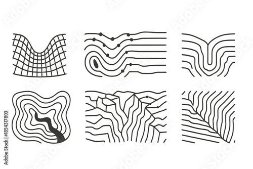 Line Style Valley Icons. Line style icons of deep valley data grids: topographic mesh, contour nodes, depth chart, elevation lines