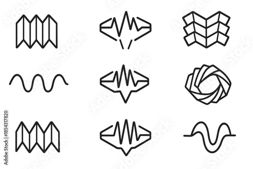 Pleated Rhythmic Icons. Line style icons of pleated rhythmic structures: folded rhythm, pulsing pattern, layered pulse, wave