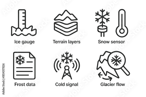 Glacial Monitoring Icons. Line style icons of glacial monitoring systems: ice gauge, terrain layers, snow sensor, temperature path