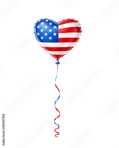 Heart shaped balloon with usa flag and ribbon isolated on transparent background