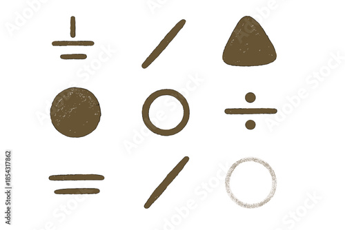 Earth Pigment Icons. Line style icons of earth-pigment calculation signs: clay ratio mark, mineral slash, painted symbol, rock