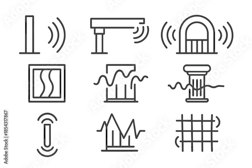 Structural Sound Wave Icons. Line style icons of structural sound waves: resonant wall, echo beam, oscillating frame, rhythmic
