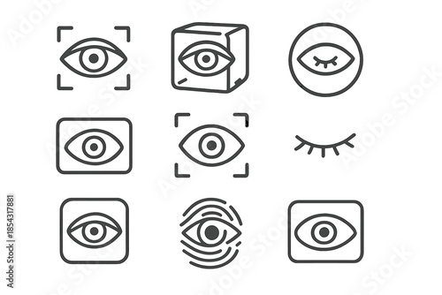 Preserved Glance Icons. Line style icons of quick-glance preservation: captured glance, frozen pupil, enclosed vision, fleeting