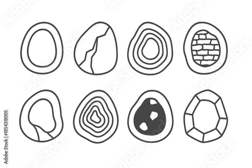 Geometric Rock Designs. Line style icons of rock hollow compositions: curved stone outline, open fracture, layered core, textured