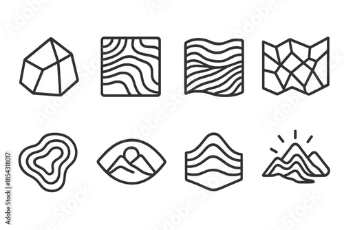 Geology Line Icons. Line style icons of optic geology systems: faceted slope, contour ridge grid, reflective terrain line,