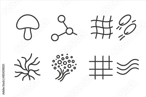 Mycological Movement Icons. Line style icons of mycological movement tracking: fungal contour, layered node path, rhythmic grid,