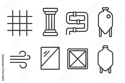 Brewing Structure Icons. Line style icons of design-based brewing structures: architectural grid, layered column, structured