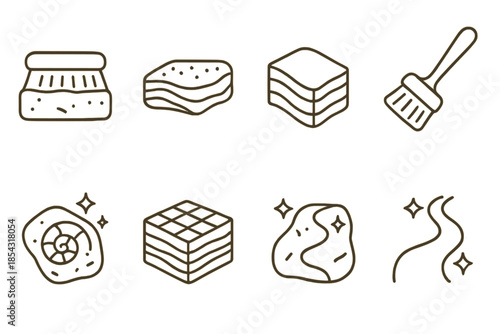 Ancient Hygiene Symbols. Line style icons of historical hygiene rock study: carved stone brush, mineral cleaning layer, stratified