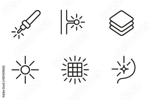 Fusion Tool Icons. Line style icons of a bright fusion tool: glowing instrument, radiant joint, layered contour, energy weld line,