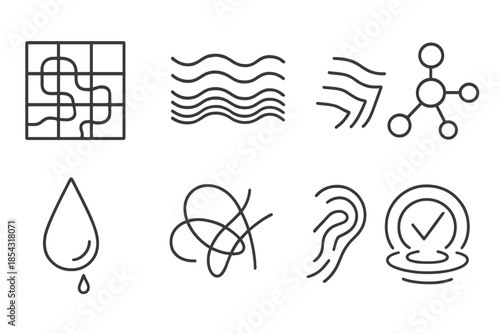 Watercourse Puzzle Icons. Line style icons of a watercourse mystery solver: flowing puzzle grid, wave contour, layered current