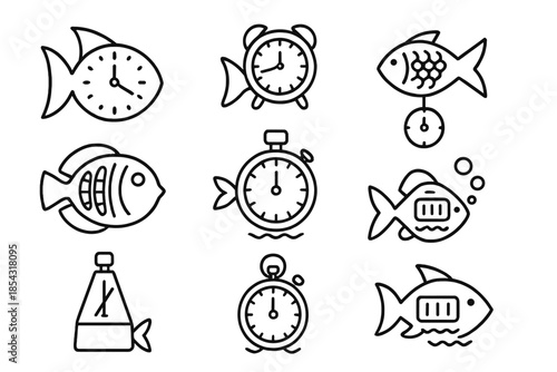 Marine Time Icons. Line style icons of fish time measurement: fin clock, scale grid timer, tidal pendulum, marine hour marker,