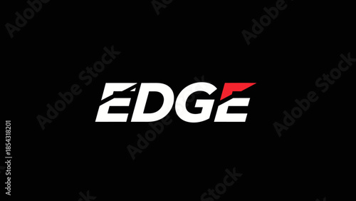 Bold white text 'EDGE' with a red accent graphic against a stark black background for branding